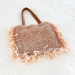 SHIRALEAH Pink Straw Shoulder Bag Faux Leather Straps & Fringe New!